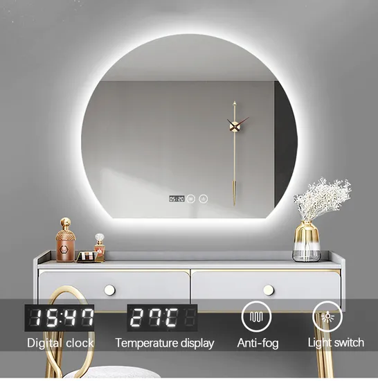 대형 LED 거울 OEM 방수 거울 현대 홈 반달형 원형 거울 모양 LED 조명 스마트 거울